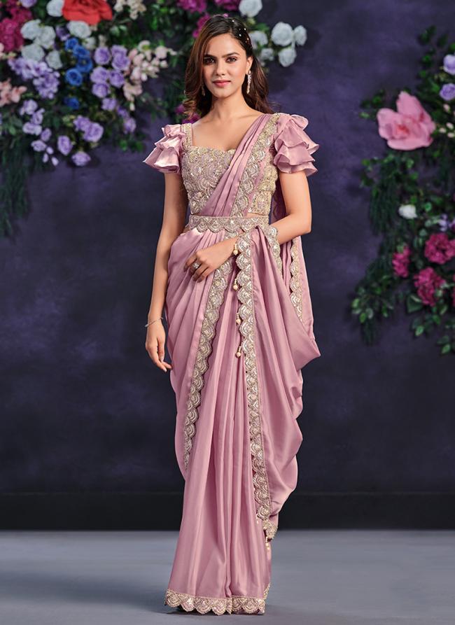 Crape Satin Silk Pink Party Wear Sequence Work Saree